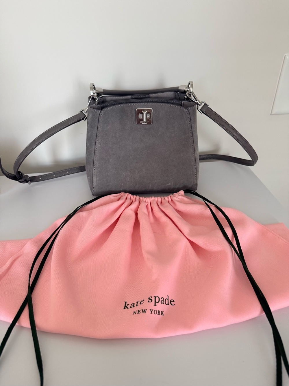 Kate Spade Gray Suede Top Handle Crossbody Satchel + Dust Bag